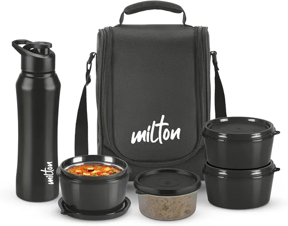 Milton Food Fiesta Tiffin (3 Microwave Safe Inner Steel Containers, 320 ml; 1 Plastic Container, 280 ml; 1 Comet Bottle, 750 ml)With Insulated Fabric Bag, Black, Leak Proof, Odour 