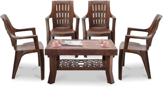 MAHARAJA Classic Plastic Table & Chair Set | Elegant Design, Sturdy Build | Perfect for Home, Office & Garden Use (Teakwood, 4 Chair+1 Table)