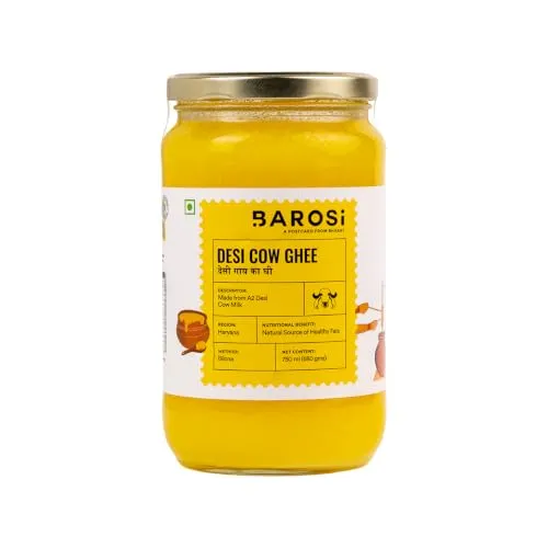 BAROSI A2 Desi Cow Ghee 750ML | Traditional Bilona Method | Curd Churned Danedar Ghee | Lab Tested | Grass-Fed Desi Cow | Pure, Natural, Aromatic | Shudh Cow Ghee | Glass Jar(750ml)