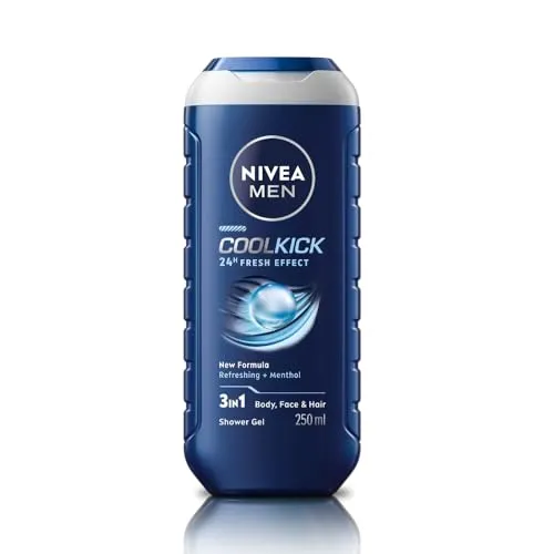 NIVEA MEN Cool Kick 250ml Body Wash| Shower Gel for Face, Body & Hair| Refreshing Icy MENthol|24 H Freshness |For All Skin & Hair Types