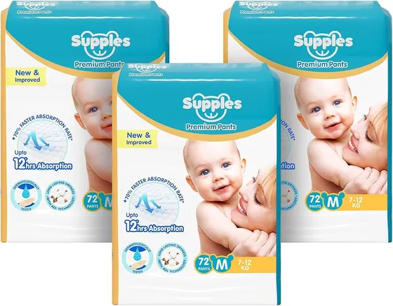 Amazon Brand - Supples Premium Baby Diaper Pants | 216 Baby Diapers | Medium | 7-12 Kg | 72 x 3 Packs | 12 Hrs Absorption | Cushiony Cotton Soft Fabric | Phthalates-Free | Triple Leak Guard