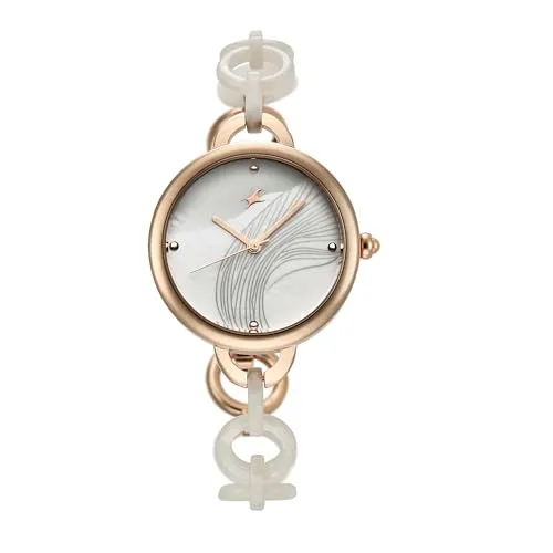 Fastrack Younique Quartz Analog Mother of Pearl Dial Two Toned Pink Acetate & Rose Gold Metal Strap Watch for Girls - 68037KD01