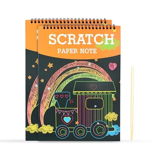 GLUN® Scratch Notepad with Magical Rainbow Color, 11x8 Inch Sheet Size Pencil Stick Notepad, Educational Toy for Kids, Wooden Stylus & 2 Drawing Notepad for Girls and Boys