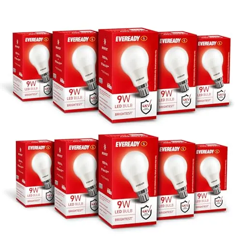 EVEREADY 9W LED Bulb, Cool Day Light (6500K), B22 Base | Energy-Efficient, 4kV Surge Protection, Long-Lasting Durability, Pack of 10