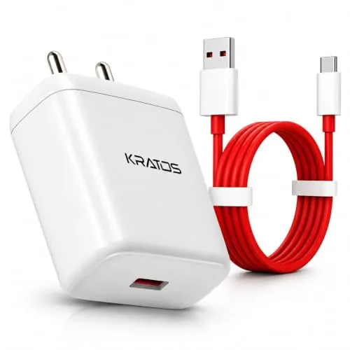 Kratos 65W Fast Charger Adapter & USB-A to Type C Cable Combo, Compatible with OnePlus, Realme, Xiaomi, Redmi, Oppo, Vivo & Other Smartphones, Type C Charger Supports Dash, Warp, Vooc,SuperVooc