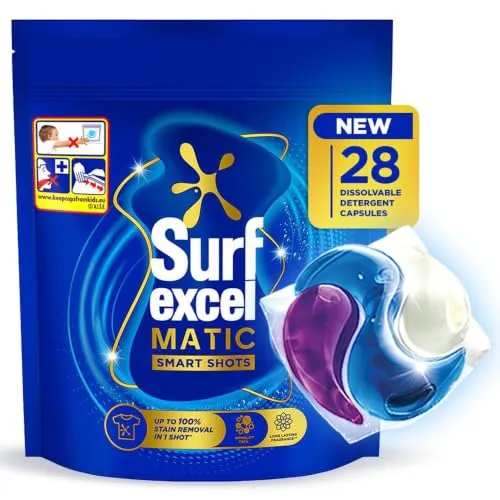 Excel 3 in 1 Smart Shots Unit Dose Liquid Detergent Pack of 28 Count for Both Front Load and Top Load Washing Machines|| (28 U x 19.9 g)