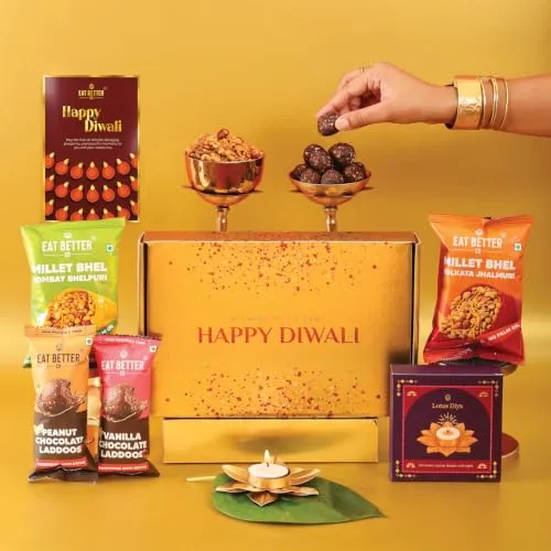 EAT BETTER CO Swarn Diwali Gift Hamper - 6-Item Diwali Gift - Dry-Fruit Chocolate Ladoos, Healthy Millet Bhel, Lotus Diya | Diwali Gift Pack for Family, Friends & Employees