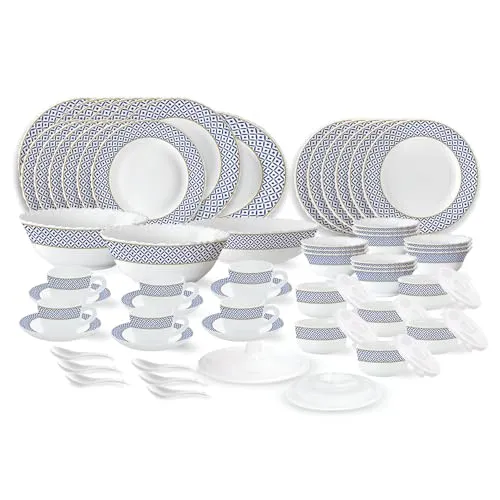Larah by Borosil Juliet Fluted Series Opalware Dinner Set | 66 Pieces for Family of 6 | Microwave & Dishwasher Safe | Bone-Ash Free | Crockery Set for Dining & Gifting | Plates & Bowls | White