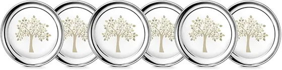 Jensons Premium Stainless Steel Dinner Plates Set with Laser-Etched Tree Design – Set of 6, Durable & Mirror Finish for Daily Dining.