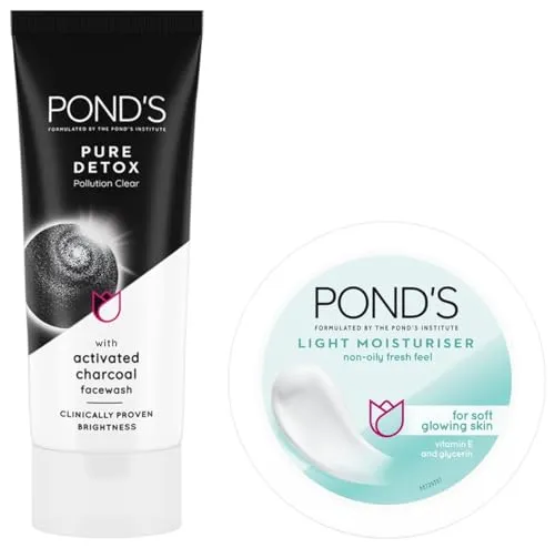 POND'S Pure Detox Face Wash 200 g, Daily Exfoliating & Brightening Cleanser, Deep Cleans Oily Skin - With Activated Charcoal for Fresh, Glowing Skin & POND'S Light Face Moisturizer 200 ml
