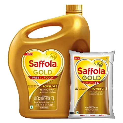 Saffola Gold | Rice Bran & Corn Multi-source Edible Oil | Less oil absorption | Vitamin A & D| 5L + 1L