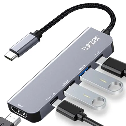 Tukzer 5-in-1 Type-C Hub to HDMI 4K, Type C 2.0, USB 2.0, USB 3.0 Data, 100W PD with 1000M Ethernet RJ45, MultiPort Adapter Compatible with MacBook Pro Air iPad, Dell, Other Type-C