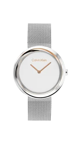 Calvin Klein Twisted Bezel Qtz Basic Slim White Round Dial Women's Watch | Stainless Steel Material | Mesh Bracelet Watch - 25200011