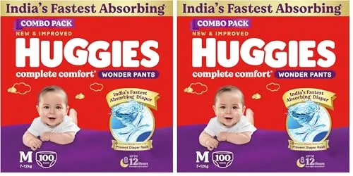 Huggies Complete Comfort Wonder Pants | Pant Style Baby Diapers M Size, 100 Count | India's Fastest Absorbing Diaper, Patented Dry Xpert Channel, Ideal for 7 to 12 Kgs (Pack of 2)