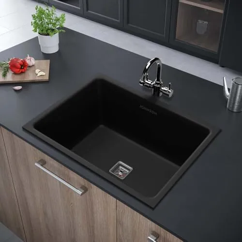 Johnson Qubix Black Quartz Kitchen Sink with Waste Coupling | 24"x 18"x 9.5" | 5 Years Warranty | Durable and Stylish Quartz Sink for Modern Kitchens