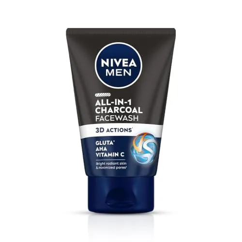 NIVEA MEN All in 1 Charcoal Face Wash | Natural Charcoal, Gluta, AHA & Vitamin C | Helps Reduce the Appearance of Tan | Removes Excess Oil and Minimizes Pores | For Bright Radiant Skin | 100g