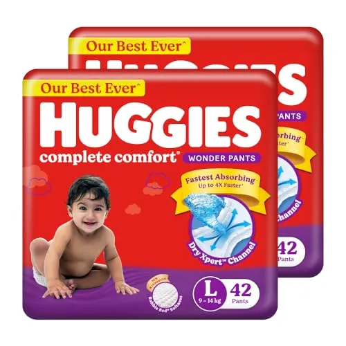 Huggies Complete Comfort Wonder Pants | Pant Style Baby Diapers Large Size (L), 84 Count | India's Fastest Absorbing Diaper, Prevents Diaper Rash, Ideal for 9 to 14 Kgs (42 Count, Pack of 2)