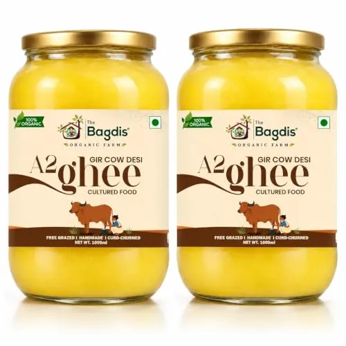 The Bagdis Organic A2 Gir Cow Ghee | Hand-Churned Cultured Bilona Ghee| Grass-Fed | 100% Pure & Natural Ghee Glass Bottle 1000ml (Pack of 2) a2 cow ghee, a2 gir cow ghee, gir cow ghee, organic a2 ghee, desi cow ghee, pure cow ghee, traditional desi ghee