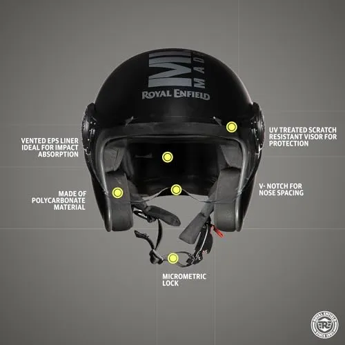 Royal Enfield Open Face MLG Helmet |Made Like a Gun | with Clear Visor | Impact Protection | High Density EPS | ISI and DOT Certified | Micrometric Lock MATT Black (XL) 62 CM