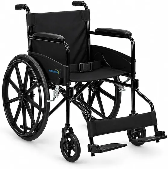 EverActiv Economy Foldable Manual Wheelchair for Old People & Patients | Heavy-Duty Carbon Steel Frame, 120 kg Capacity | 19-inch Wide Padded Seat, Safety Belt, Dual Hand Brakes & 