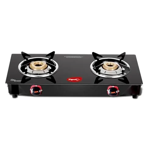 Pigeon Ignia 2 Burner Gas Stove with Open Heating Element, Black, Brass Burners, Toughened Glass, 2-Year Warranty