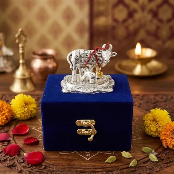 Kamdhenu Cow and Calf Idol with Velvet Gift Box – Traditional Decorative Gau MATA Statue for Pooja, Home Temple, Housewarming, Wedding & Pooja Return Gift