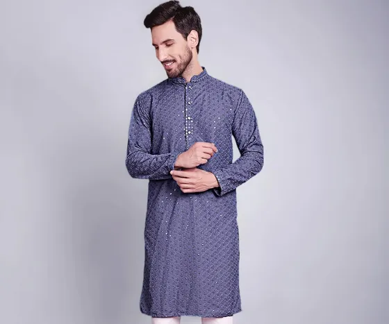 Jompers Men's Regular Fit Cotton Chikankari Embroidered and Sequence Kurtas