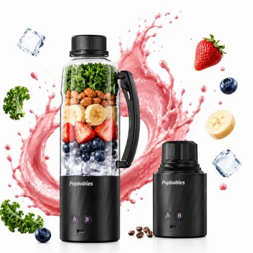 Popbabies 370W Portable Blender for Smoothie and Juices, 600ml Blending Cup, 560ml Max Fill, 6000mAh 12V Portable Mixer Blender, 6 Blades, 20000RPM USB-C Rechargeable Blender for Baby Food(