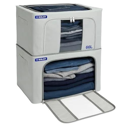 BOXJOY Foldable Steel Frame 66L Pack of 2 Clothes Dress Storage Organizer Box for Saree Shirt with Clear Window Front & Top Open Almirah Wardrobe Organiser Boxes Closet Basket for Cloth Cupboard