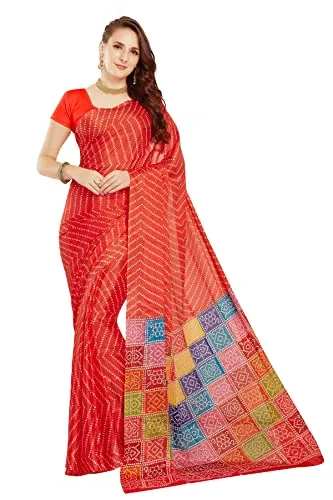 RANI SAAHIBA Women's Chinon Chiffon Bandhani Printed Saree Without Blouse Piece (SKR9733_Tomato Red)