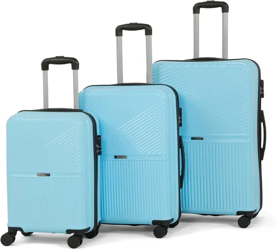 Teakwood Set of 3 8 Wheels Trolley Bag, Hard Cabin with Zipper Closure, Adjustable Push Button & Cross Side Strap, Number Lock System 360 Degree (Set of 3, Sky Blue)