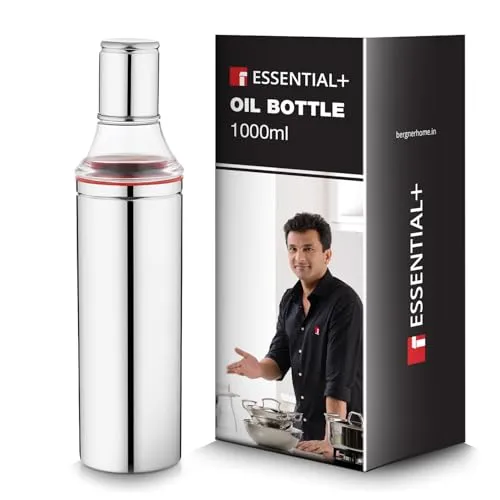 Essential Plus Stainless Steel Oil Bottle for Kitchen 1000ml, Oil Dispenser Bottle with Cap, Durable, Precise Pouring, Easy to Refill and Flow, Drip Free, Home & Restaurant use (Silver)