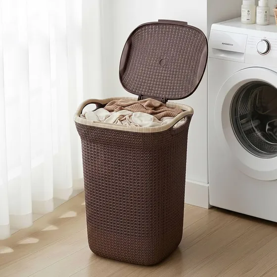 PrettyKrafts Weather Brown, 60L Plastic Knit Laundry Basket – Rattan Design Multipurpose Laundry & Storage Basket for Bedroom & Bathroom, (44×35×61 cm)
