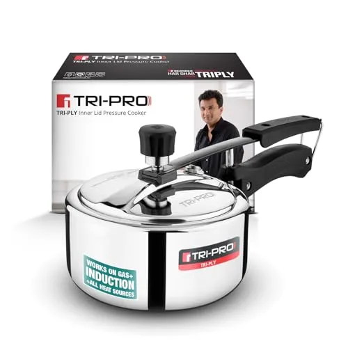 Tripro Triply Stainless Steel Inner Lid Pressure Cooker, 2 Litres Pressure Cooker, Even Heat Distribution, Bakelite Sturdy Handle, Healthy Cooking, Easy to Clean, Induction and Gas Stove Ready