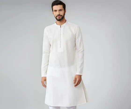 See Designs Men's Long Sleeve Mandarin Collar Side Slit Embroidered Thread Work Sequinned Chanderi Silk Straight Kurta