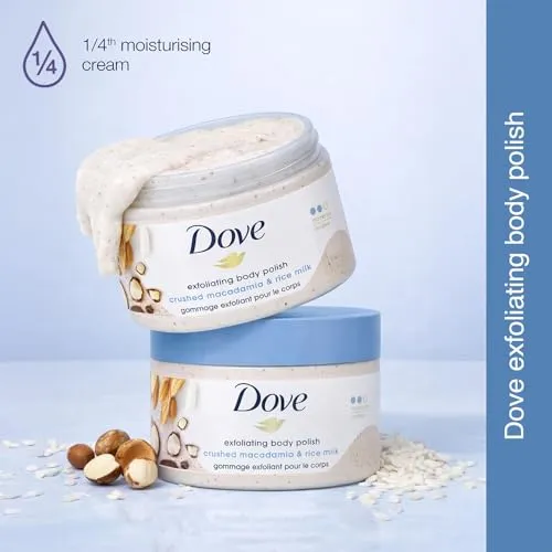 Dove Exfoliating Body Polish| Body Scrub |Deeply Nourishing Crushed Macadamia and Rice Milk |Moisturises & Brightens Skin | Sulphate Free|298gm