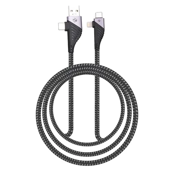 Zebronics UCLC65B 65 Watts PD Fast charging 4 in 1 cable with USB/Type C to Type C/Lightning connector, 1 meter braided cable for smartphones tablets and Laptops