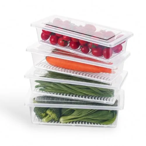 ATTRO Stack Space Fridge Storage Containers with Drain Plate, 1500ml Kitchen Organizer Boxes for Fruits, Vegetables & Food Storage- Pack of 4