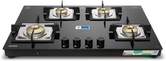 Glen 4 Burner Ultra Slim Premium Gas Stove | Auto Ignition | 8 MM Toughened Glass | 360 Revolving Inlet Nozzle | Forged Brass Burners | 2 years standard and 5 years glass Warranty | 1074USBL75