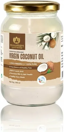 Maharishi Ayurveda Organic Certified Virgin Coconut Oil | Cold-Pressed, Unrefined & Chemical-Free | For Cooking, Skin & Hair Nourishment | 500 ml (Glass Jar)