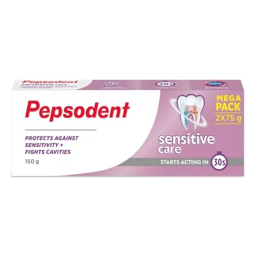 PEPSODENT SENSITIVE Care Toothpaste, Multipack, specially formulated with 5% Potassium Nitrate, Starts Acting in 30s,100% Vegetarian, Protects against Sensitivity & Fights Cavities,150G(75Gx2)
