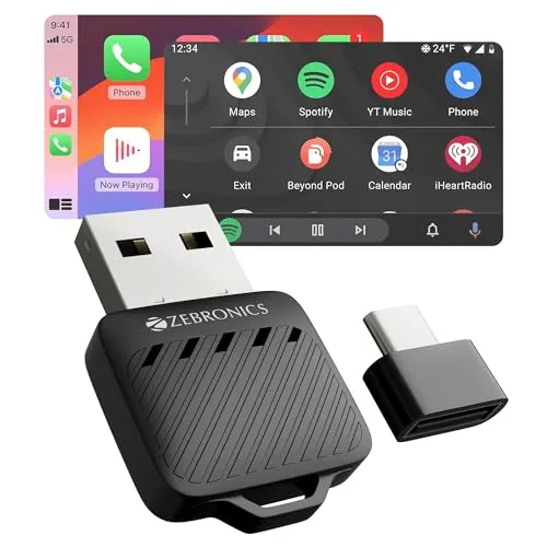 Zebronics 2-in-1 Wireless CarPlay Adapter, Converts Wired Android Auto & CarPlay to Wireless, USB-A & Type-C Converter, BT v5.2, Dual Band Wi-Fi, Fast Boot, Plug & Play (Drivecast 