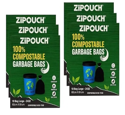 Zipouch Compostable Garbage Bag Large Size - Pack of 6, Eco-Friendly Dustbin Bags Large Size for Home and Office, Durable and Biodegradable Garbage Bag Solution | 60 Count|