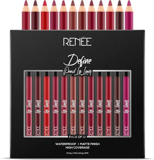 RENEE Define Matte Lip Liner, Long Lasting & Smudge Proof, Full Coverage, Intensely Pigmented, Easy Glide Formula, Vitamin E & Castor Oil Infused, Set of 12